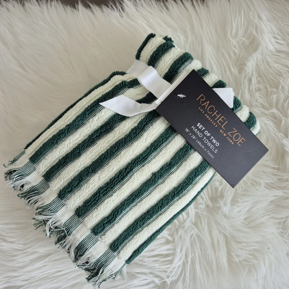 (New) Rachel Zoe Modern Stylish Green & White stripe Hand Towels 2pc